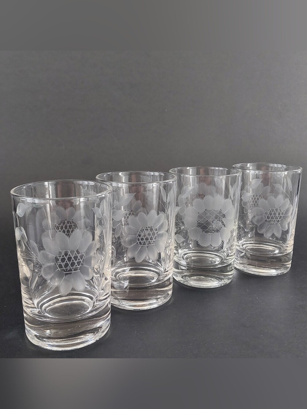 Vintage Hughes Cornflower Etched Glass Juice Tumblers Shot Glasses Set of 4 4oz